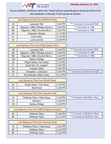 Please refer to the chart below for details on the final trip departures.